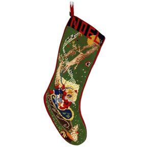 Vintage Needlepoint Christmas Stocking Santa Claus Noel Sleigh Reindeer
